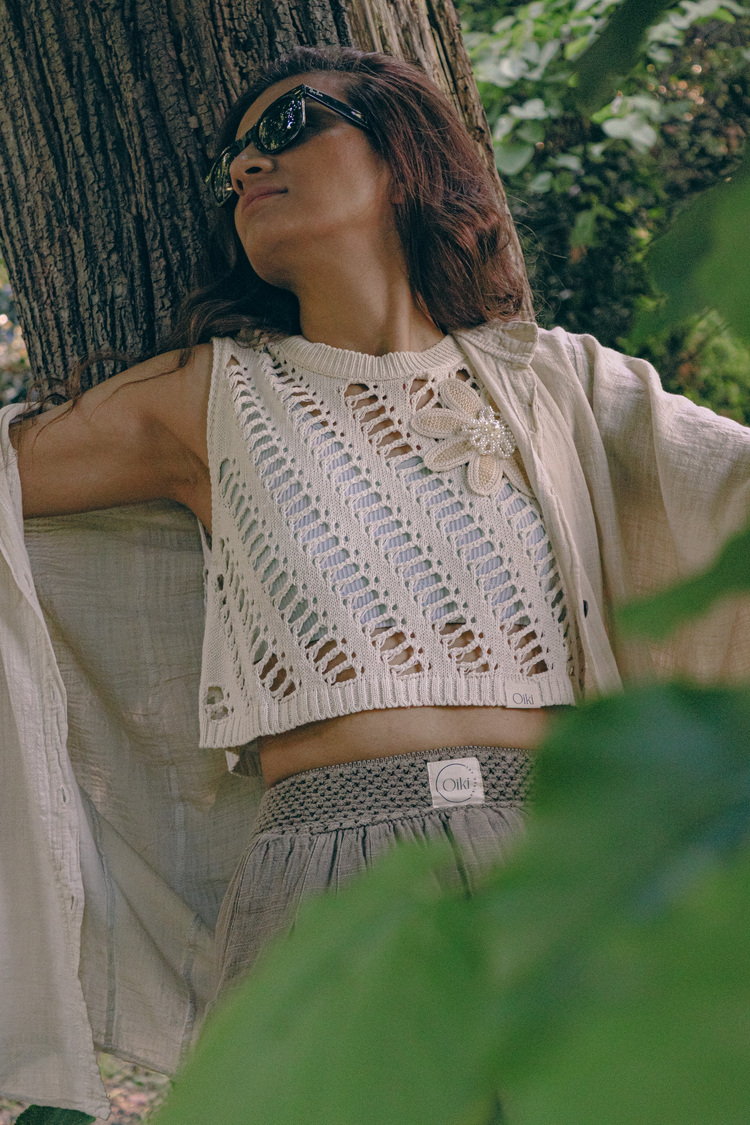 Oiki Fileli Örgü, İncili Çiçek Detaylı Bohem Crop
