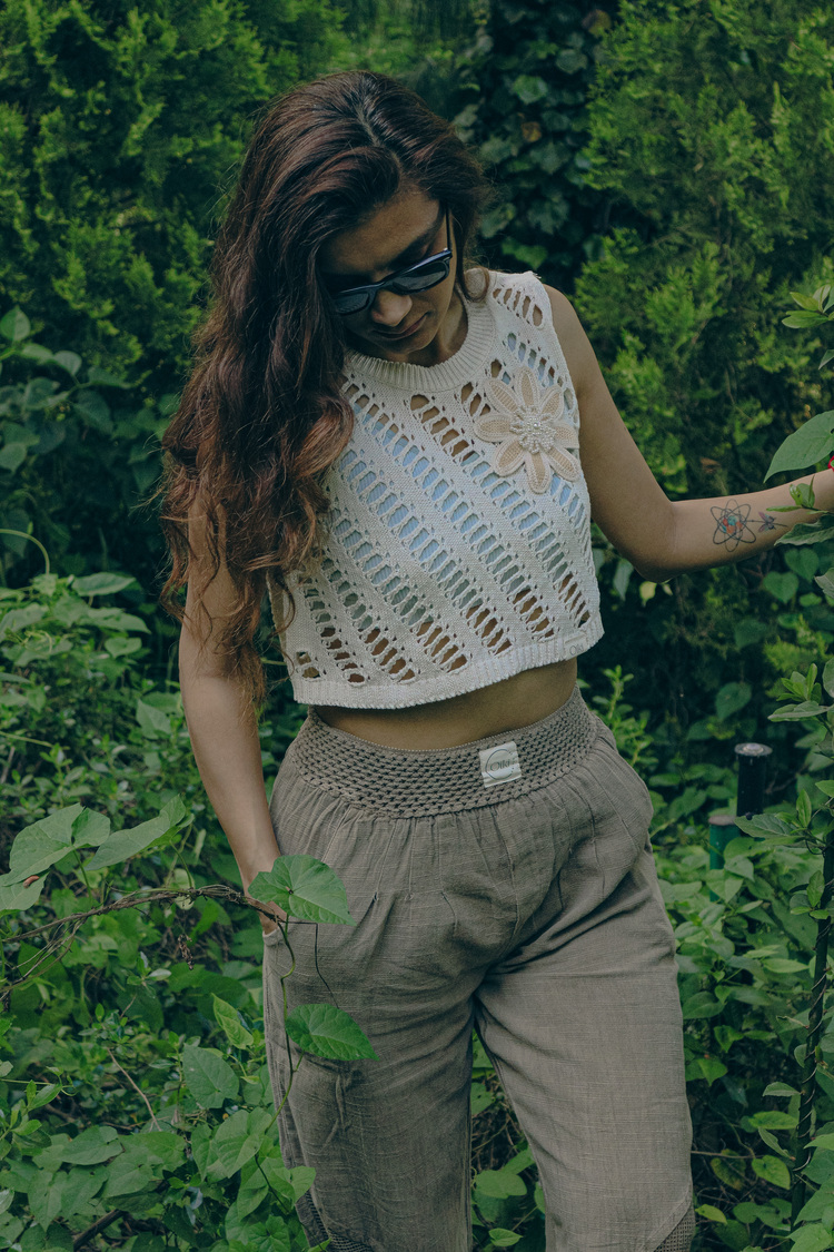 Oiki Fileli Örgü, İncili Çiçek Detaylı Bohem Crop