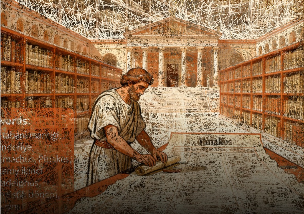 İskenderiye Kütüphanesi Bilgini ve Parşömen Rafları  (A3)