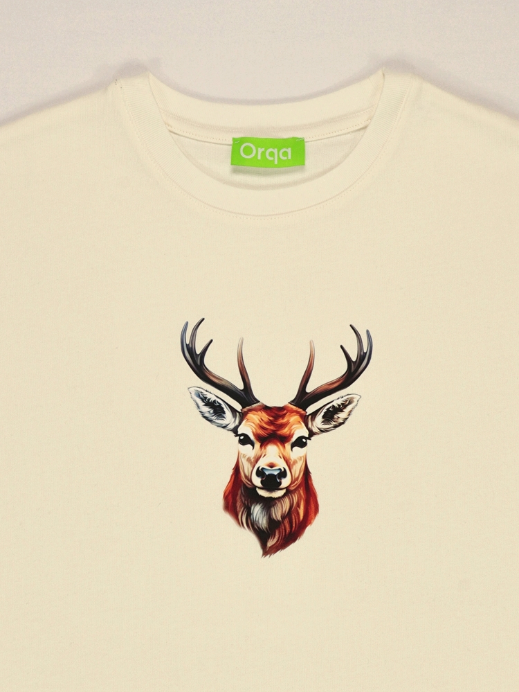 Unisex Geyik Baskılı %100 Pamuk Basic Tshirt