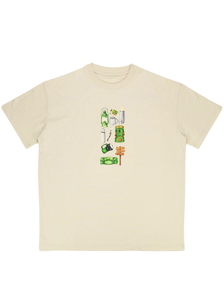 Unisex Kamp Ekipmanları Baskılı %100 Pamuk Tshirt