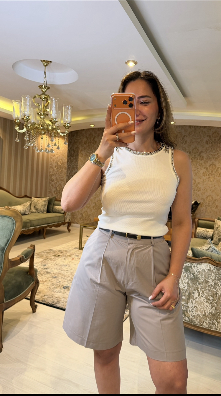 Luna Taşlı Triko Bluz – Ekru