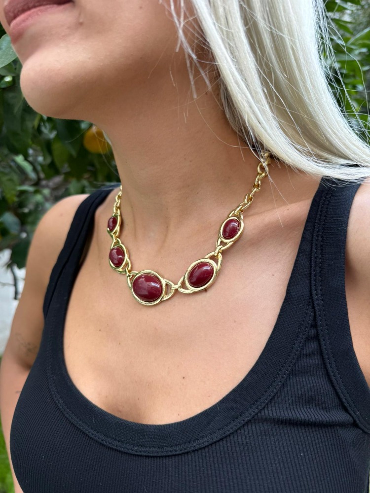 Bordo Taşlı Kolye