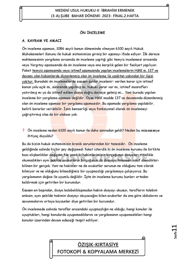 MEDENİ ( USUL ) HUKUKU / FİNAL / BAHAR DÖNEMİ (B)-CLASS