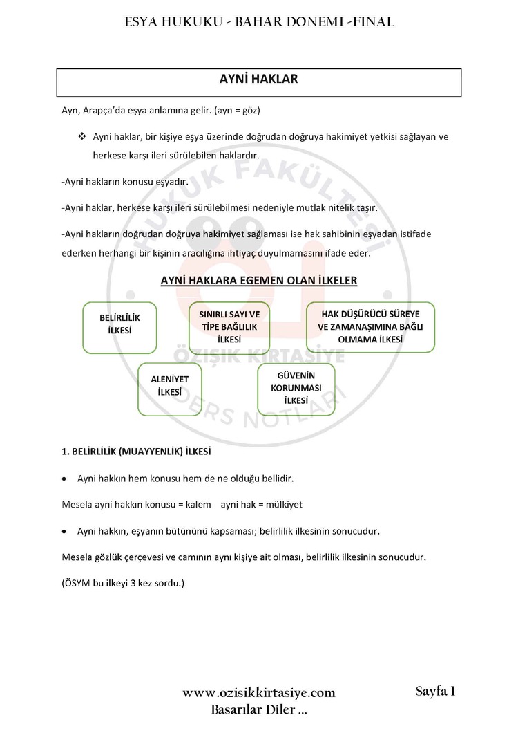 EŞYA HUKUKU / FİNAL / BAHAR DÖNEMİ (A).CLASS ÇOK SATAN (NOT)