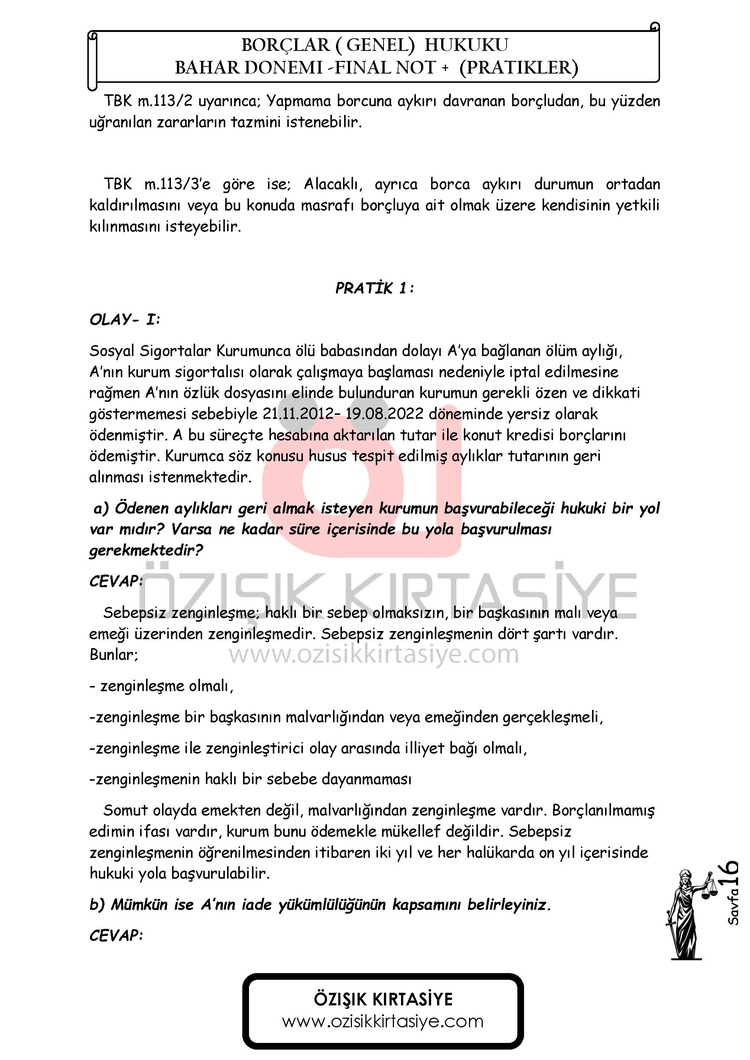 BORÇLAR (GENEL) HUKUKU / FİNAL / BAHAR DÖNEMİ.(B).CLASS