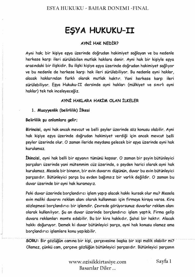 EŞYA HUKUKU / FİNAL / BAHAR DÖNEMİ (B).CLASS