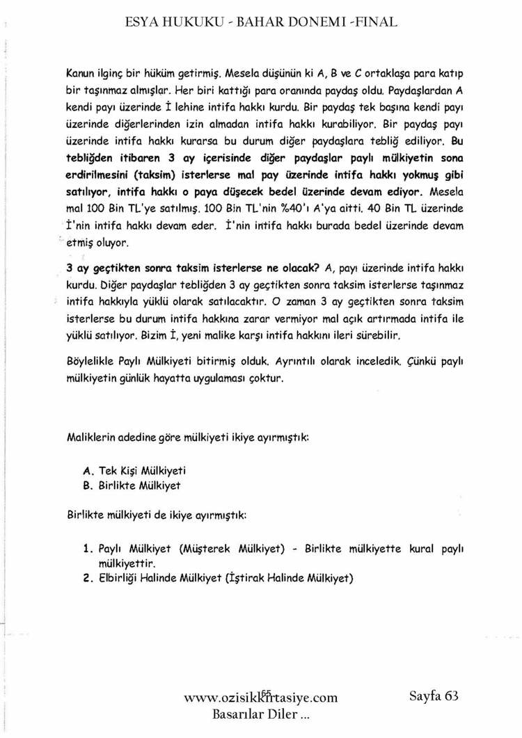 EŞYA HUKUKU / FİNAL / BAHAR DÖNEMİ (B).CLASS