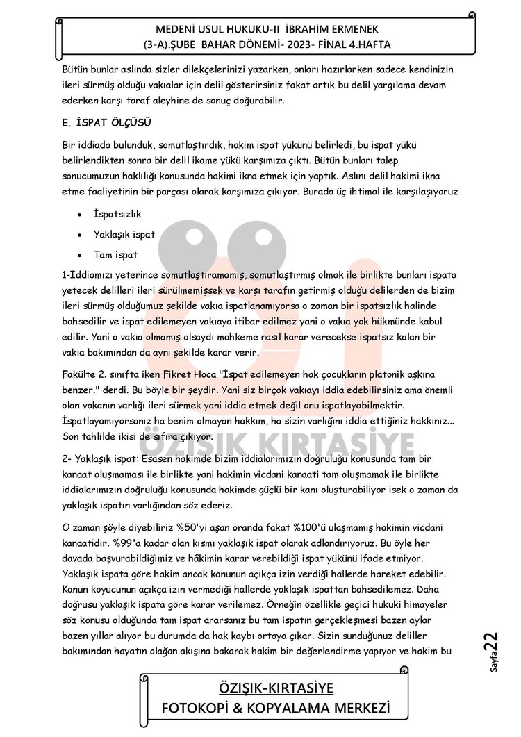 MEDENİ ( USUL ) HUKUKU / FİNAL / BAHAR DÖNEMİ (B)-CLASS