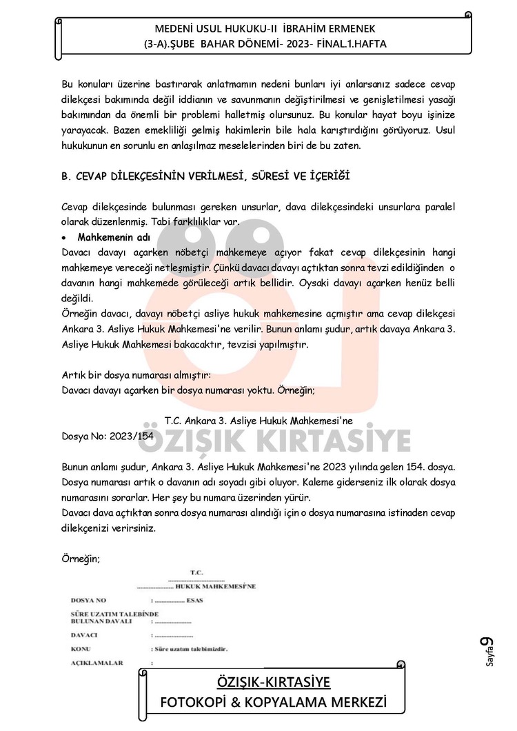 MEDENİ ( USUL ) HUKUKU / FİNAL / BAHAR DÖNEMİ (B)-CLASS