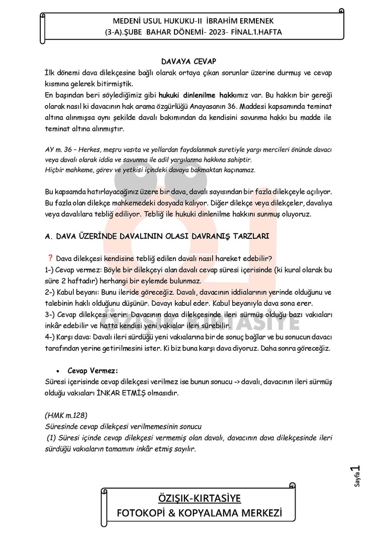 MEDENİ ( USUL ) HUKUKU / FİNAL / BAHAR DÖNEMİ (B)-CLASS