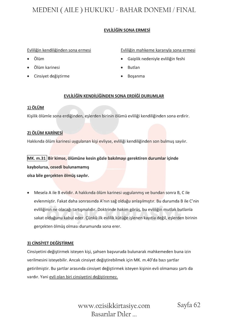 MEDENİ (AİLE) HUKUKU / FİNAL / BAHAR DÖNEMİ.(A).CLASS