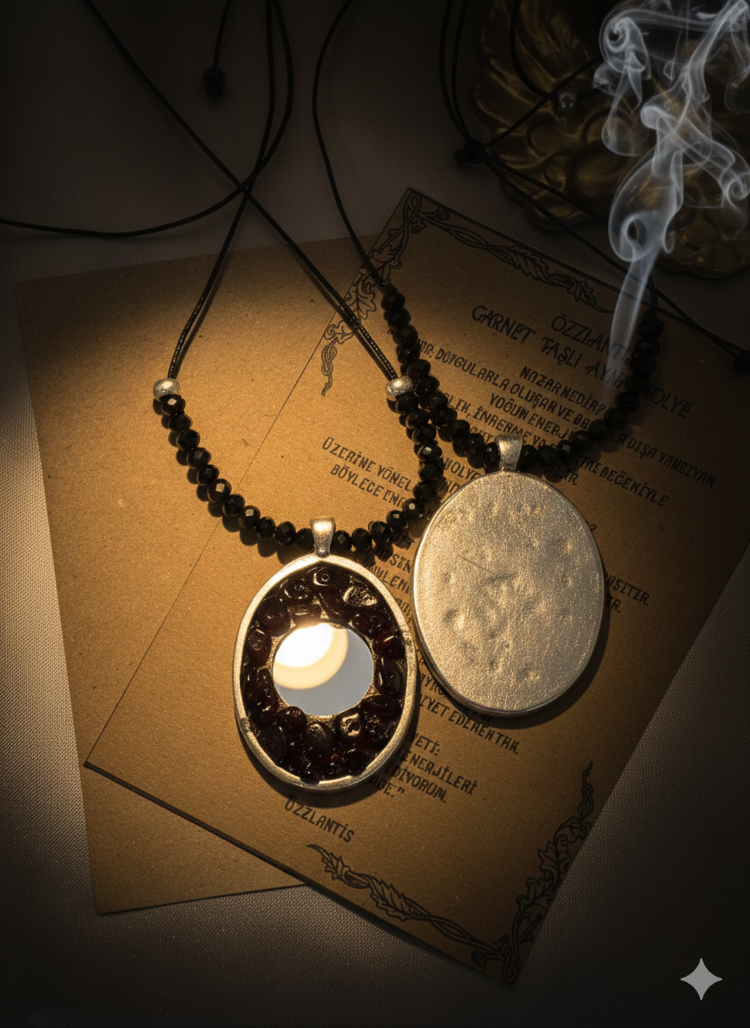 Garnet Taşlı Ayna Kolye(gümüş çerçeve)