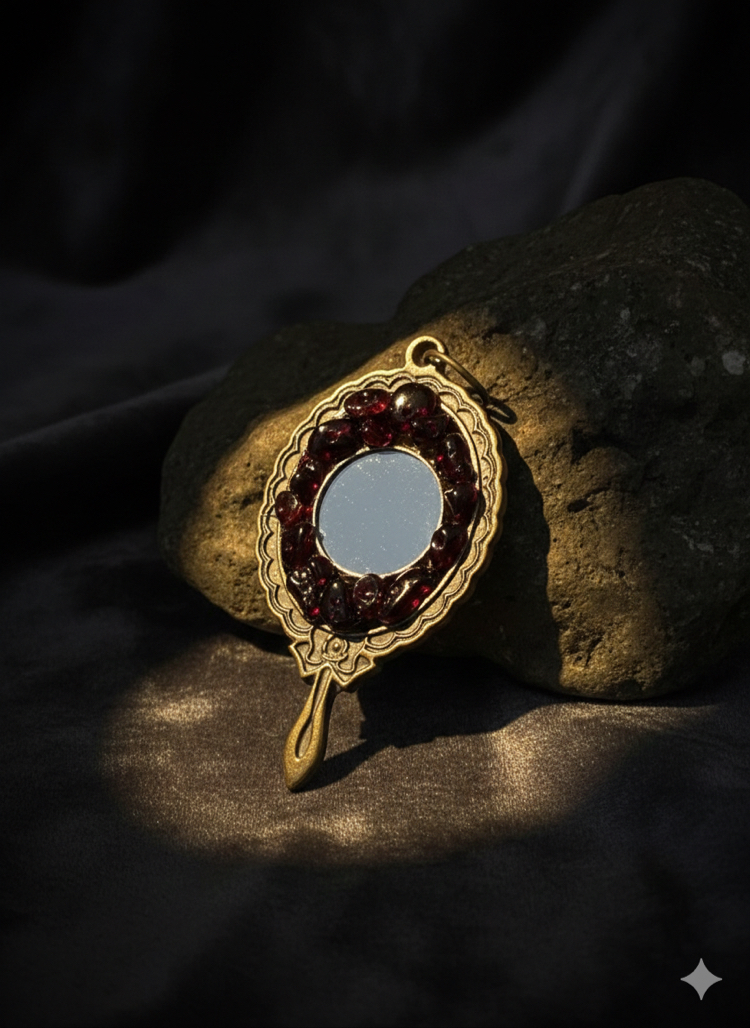 Ayna çerçeveli,garnet taşlı Ayna kolye