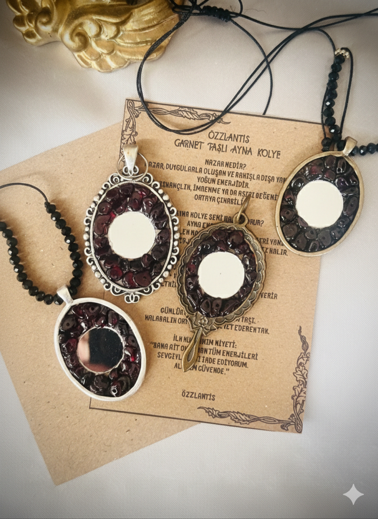 Garnet taşlı Ayna kolye(bronz çerçeve)