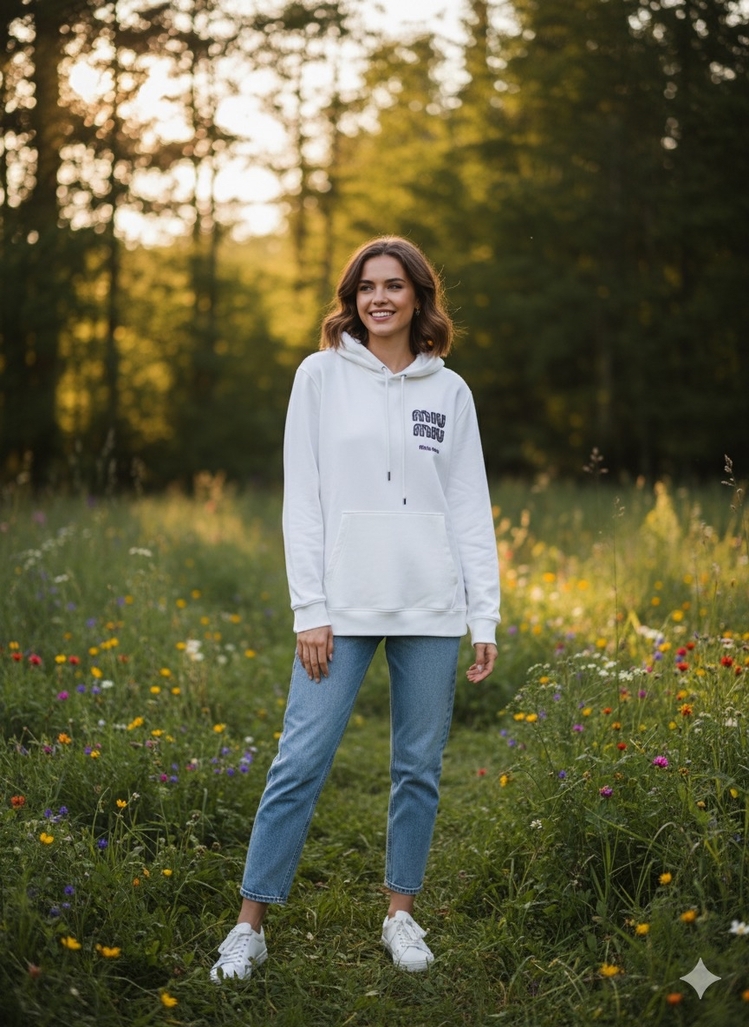 MIU MIU KAPŞONLU BEYAZ KANGURU CEPLİ Sweatshirt