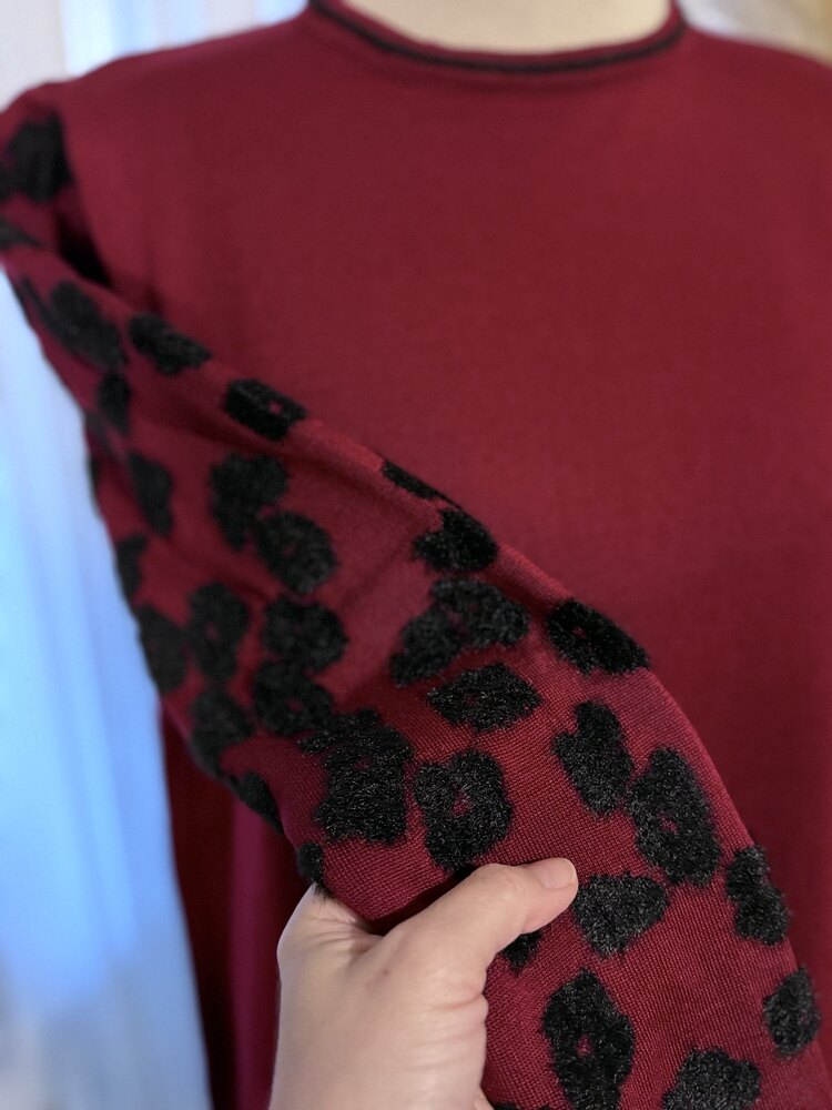 Bordo Kolu Leopar Detaylı Elbise Triko Elbise Elbise
