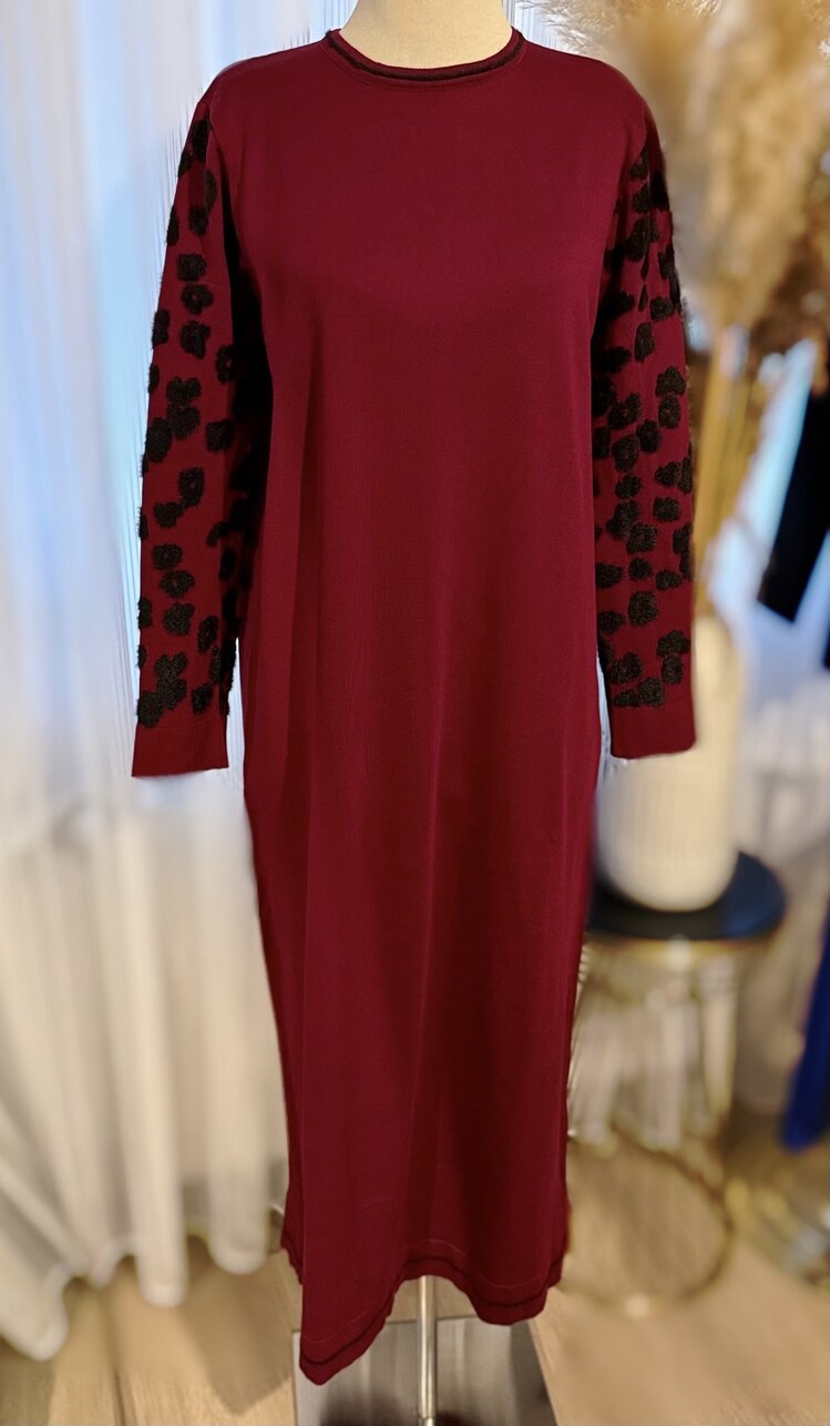 Bordo Kolu Leopar Detaylı Elbise Triko Elbise Elbise