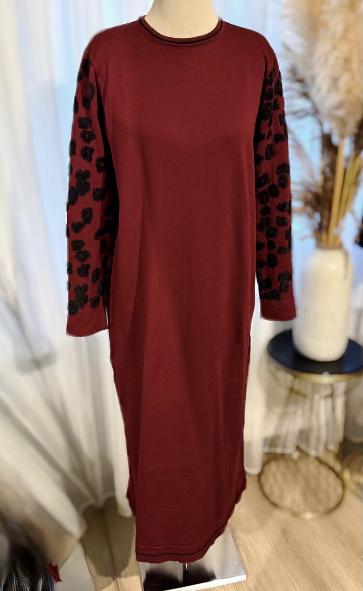 Bordo Kolu Leopar Detaylı Elbise Triko Elbise Elbise