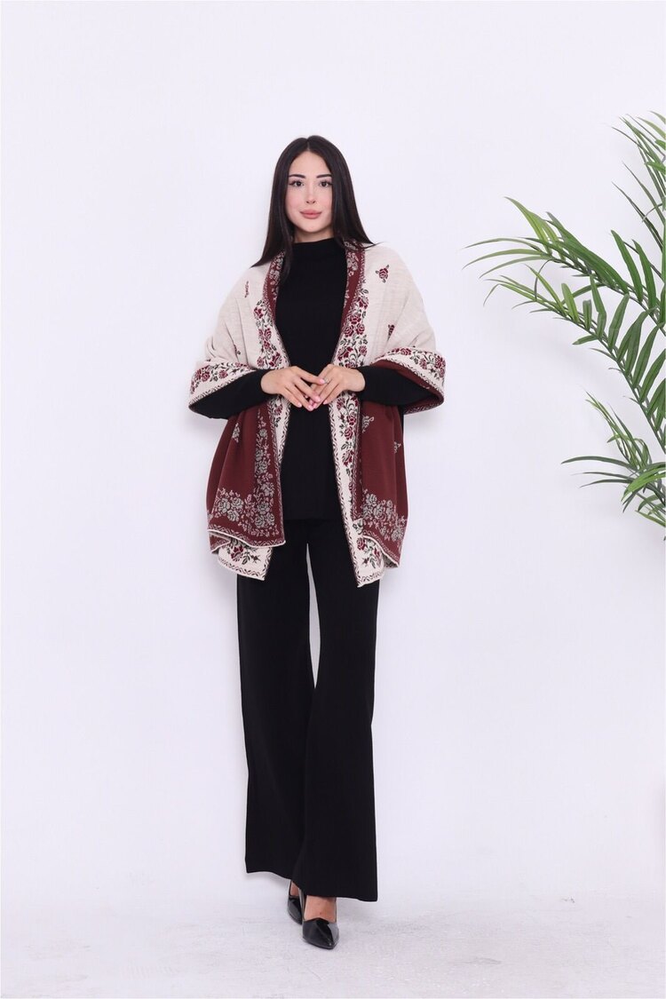 Güllü model omuz şalı taş-bordo