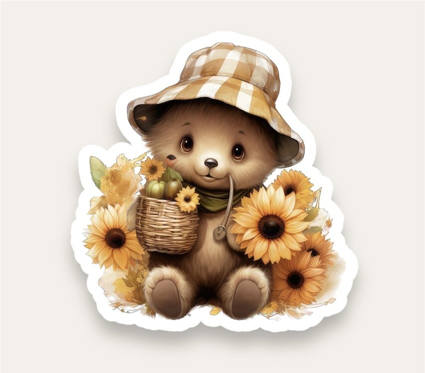Bear with Sunflowers Tekli Sticker