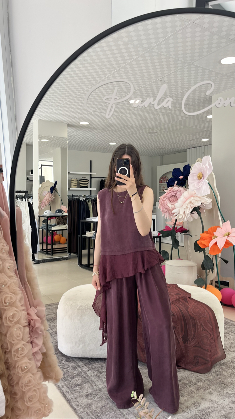 Bordo tül detaylı tensel takım 
