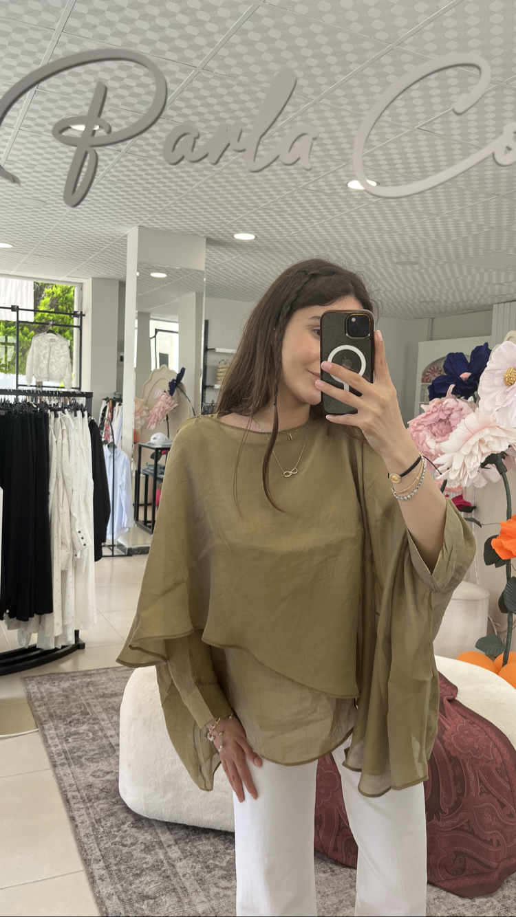Haki pelerinli tül bluz