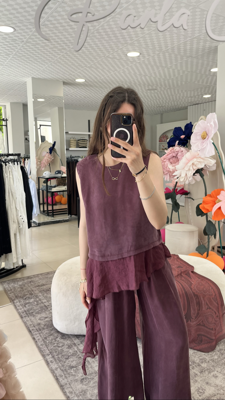 Bordo tül detaylı tensel takım 