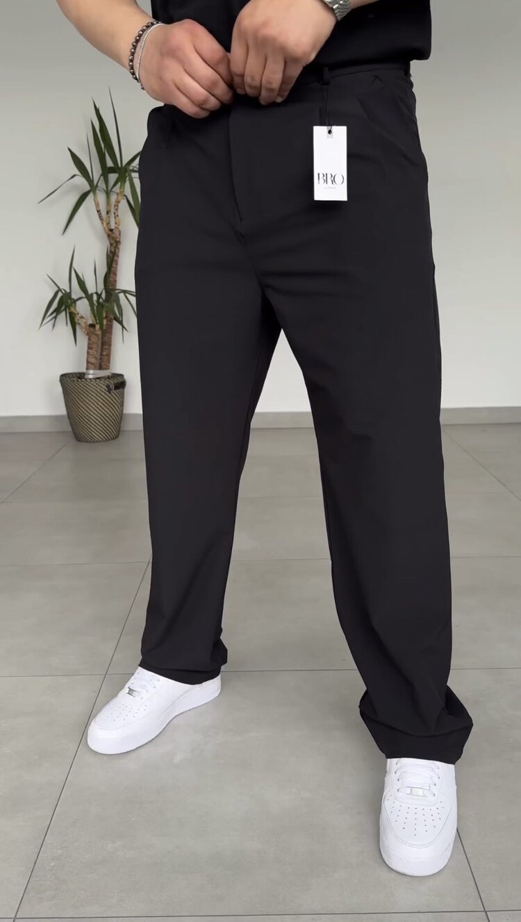 PİLELİ BAGGY KALIP SİYAH KUMAŞ PANTOLON