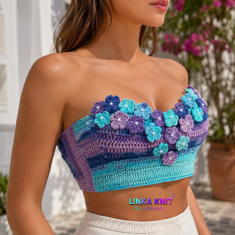 Tığ İşi Çiçek Aplikeli Bustiyer&Bikini Üstü,Yazlık Deniz Kızı Renk Konseptli Crop-Top 