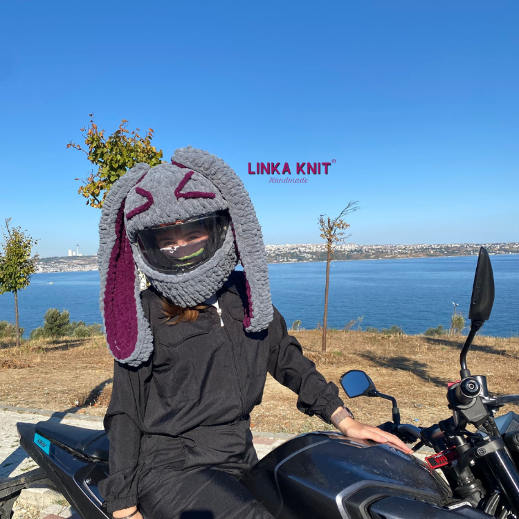 Emoji Tavşan Kulaklı Motorsiklet Kask Kılıfı,Eğlenceli Kask Koruyucu,Motor Kaskı Üzerine