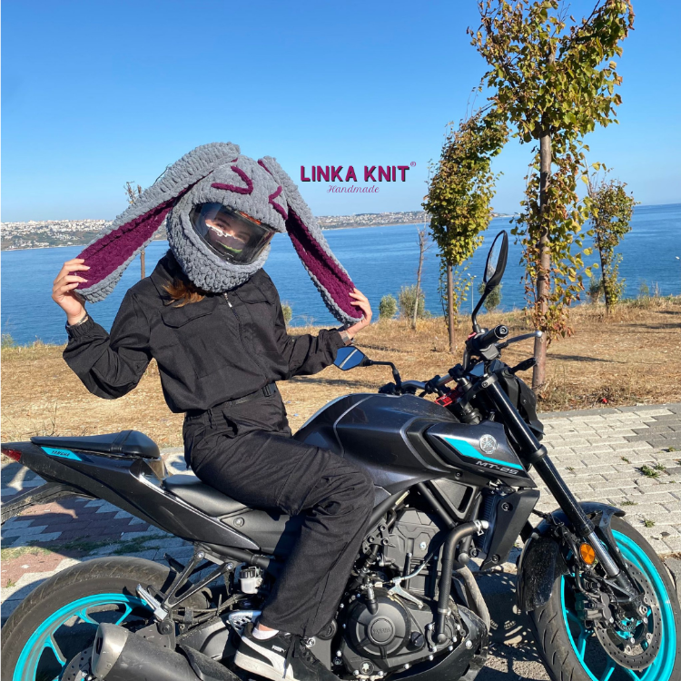 Emoji Tavşan Kulaklı Motorsiklet Kask Kılıfı,Eğlenceli Kask Koruyucu,Motor Kaskı Üzerine