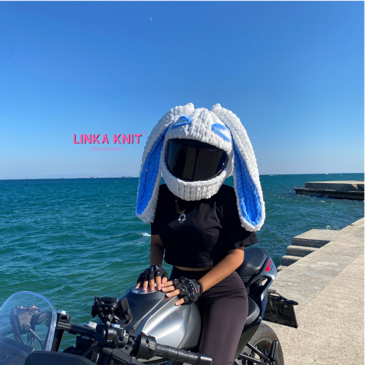 Emoji Tavşan Kulaklı Motorsiklet Kask Kılıfı,Eğlenceli Kask Koruyucu,Motor Kaskı Üzerine