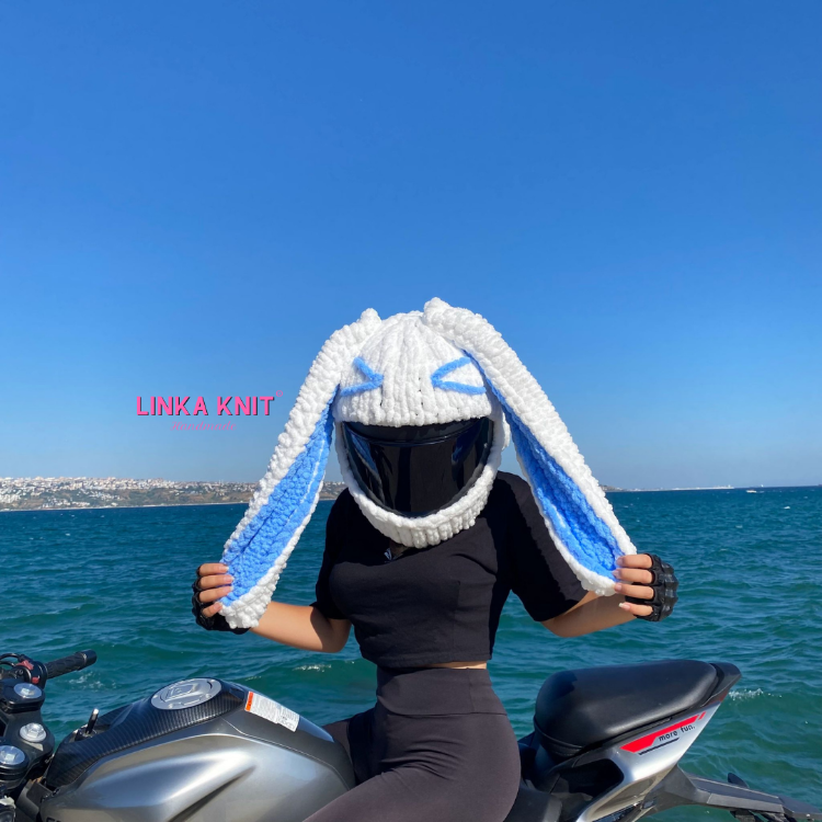 Emoji Tavşan Kulaklı Motorsiklet Kask Kılıfı,Eğlenceli Kask Koruyucu,Motor Kaskı Üzerine