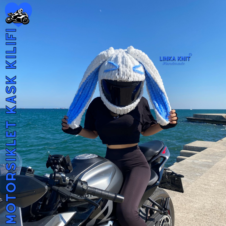 Emoji Tavşan Kulaklı Motorsiklet Kask Kılıfı,Eğlenceli Kask Koruyucu,Motor Kaskı Üzerine