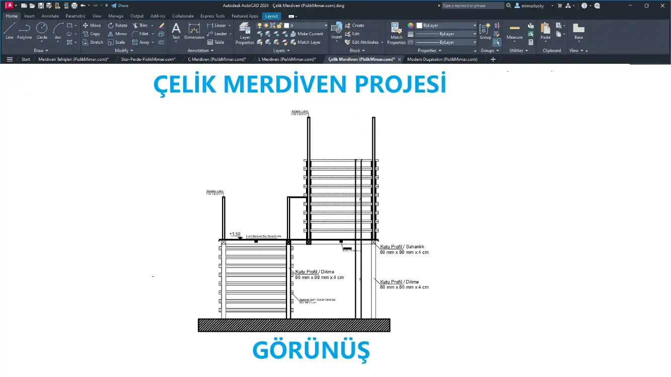 Çelik Merdiven Projesi (Premium) – DWG Çizim Seti (Plan, Kesit, Görünüş)