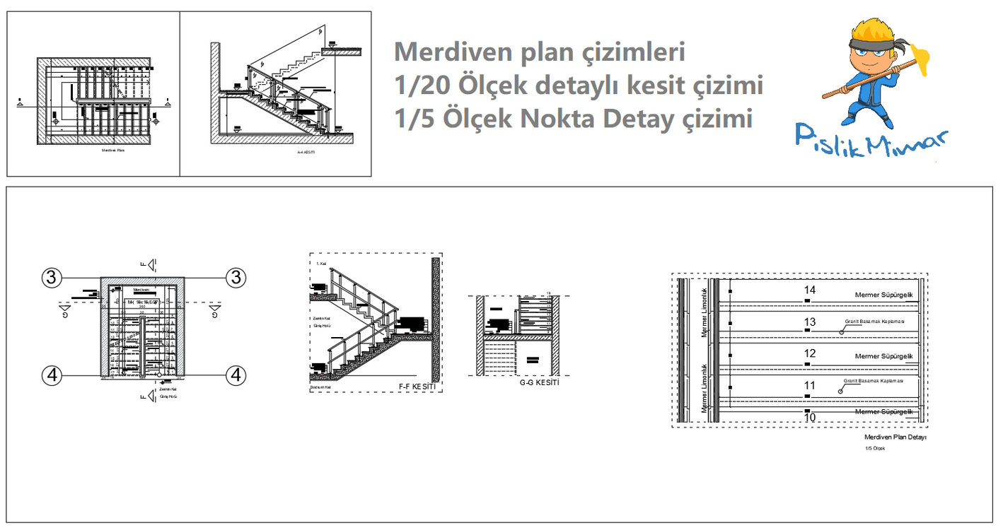 Merdiven Plan, Kesit ve Sistem Detay Çizimleri (Autocad DWG)