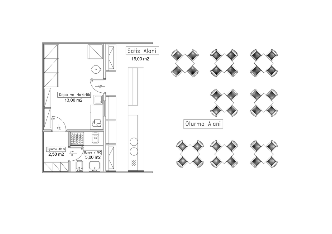 80 m² / Cafe - Restoran Projesi (Autocad - DWG)