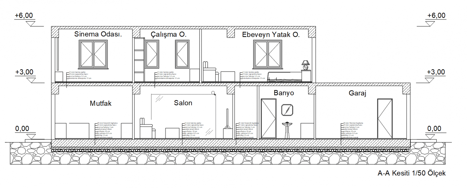 2 Katlı Villa Projesi - Plan, Kesit ve Görünüş Çizimleri
