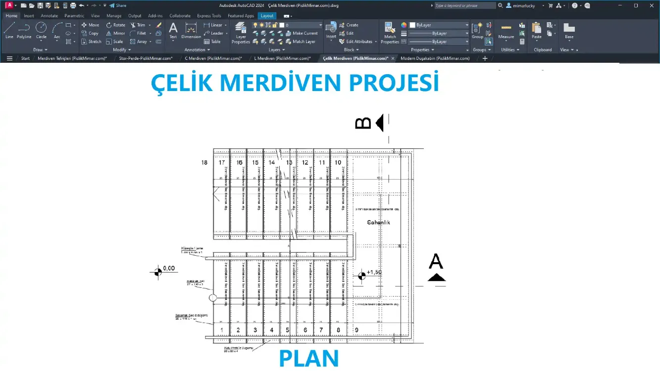 Çelik Merdiven Projesi (Premium) – DWG Çizim Seti (Plan, Kesit, Görünüş)