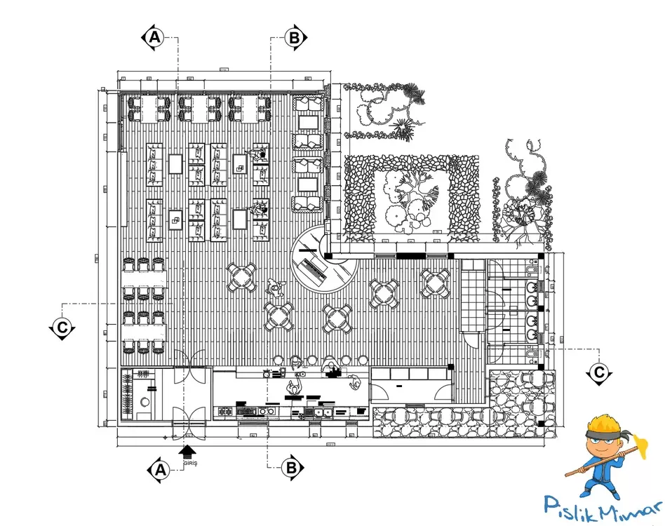 Bar ve Cafe Projesi (Plan + 3 Kesit Çizimi)