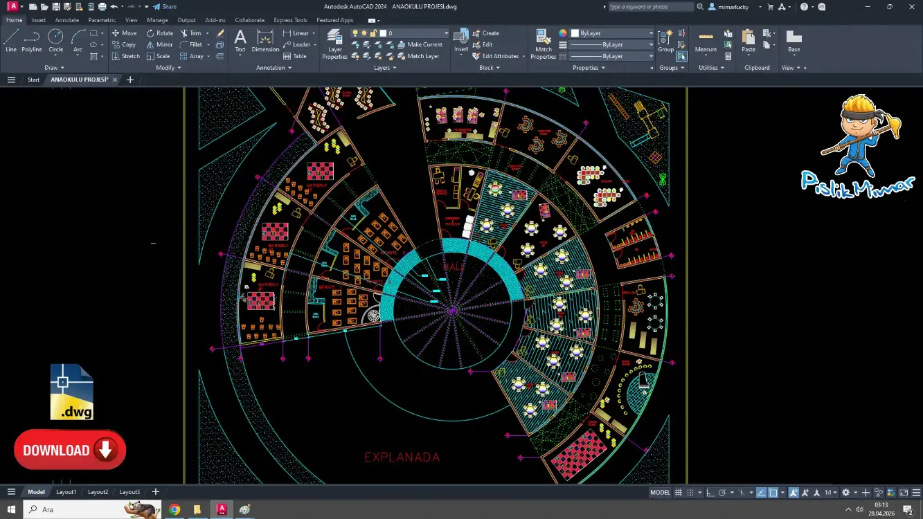 Dairesel Ana Okulu Projesi (DWG İndir)
