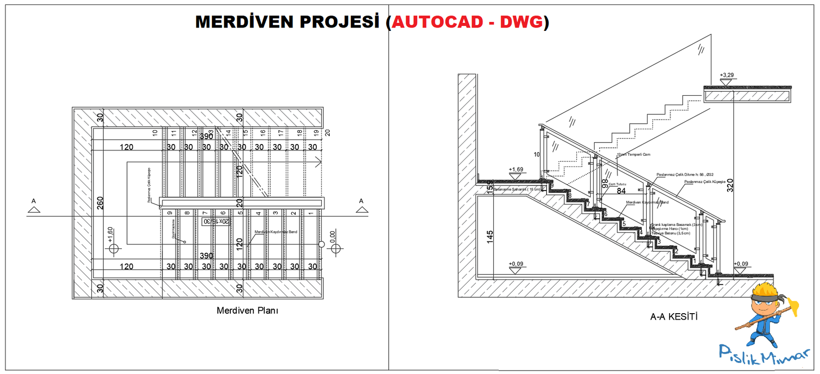 Merdiven Plan, Kesit ve Sistem Detay Çizimleri (Autocad DWG)