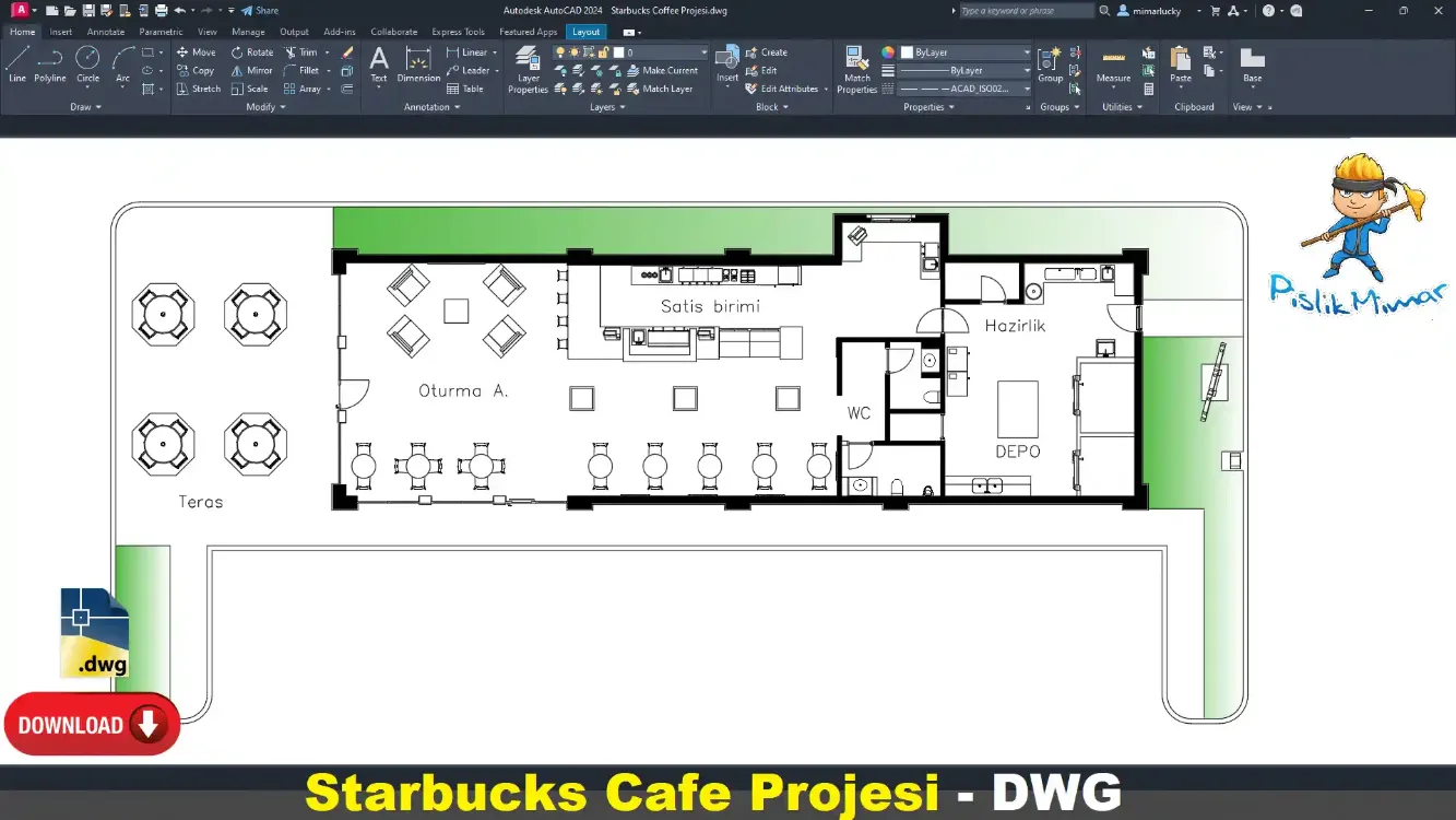 Starbucks Cafe Projesi, 500 m² (DWG İndir)