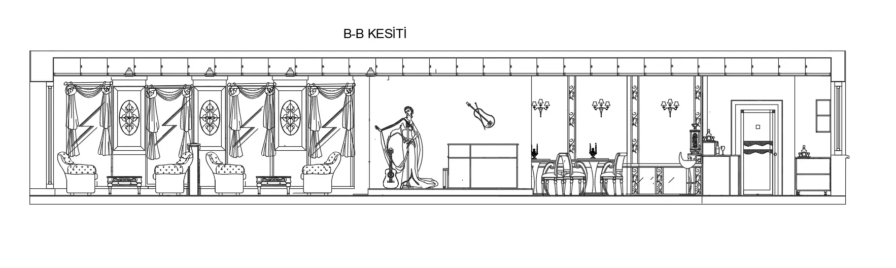 Bar ve Cafe Projesi (Plan + 3 Kesit Çizimi)
