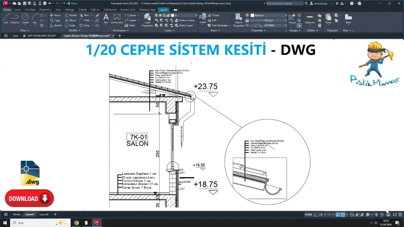 1/20 Ölçek Cephe Sistem Detayı – PDF Çizim Seti (DWG İNDİR)