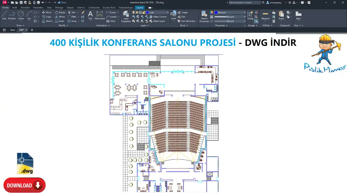 400 Kişilik Konferans Salonu Projesi (DWG İNDİR)