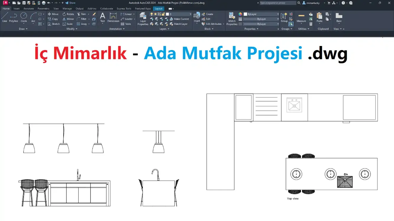 İç Mimarlık - Ada Mutfak Projesi (DWG İNDİR)