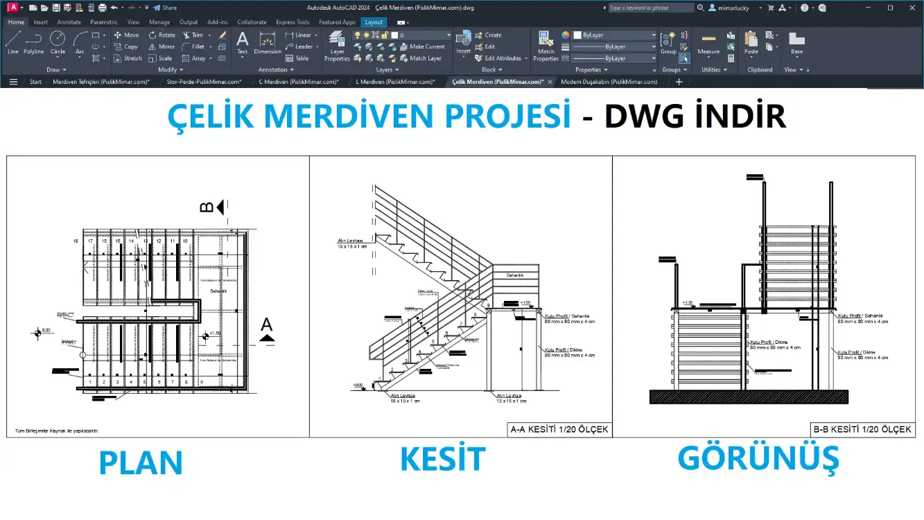 Çelik Merdiven Projesi (Premium) – DWG Çizim Seti (Plan, Kesit, Görünüş)