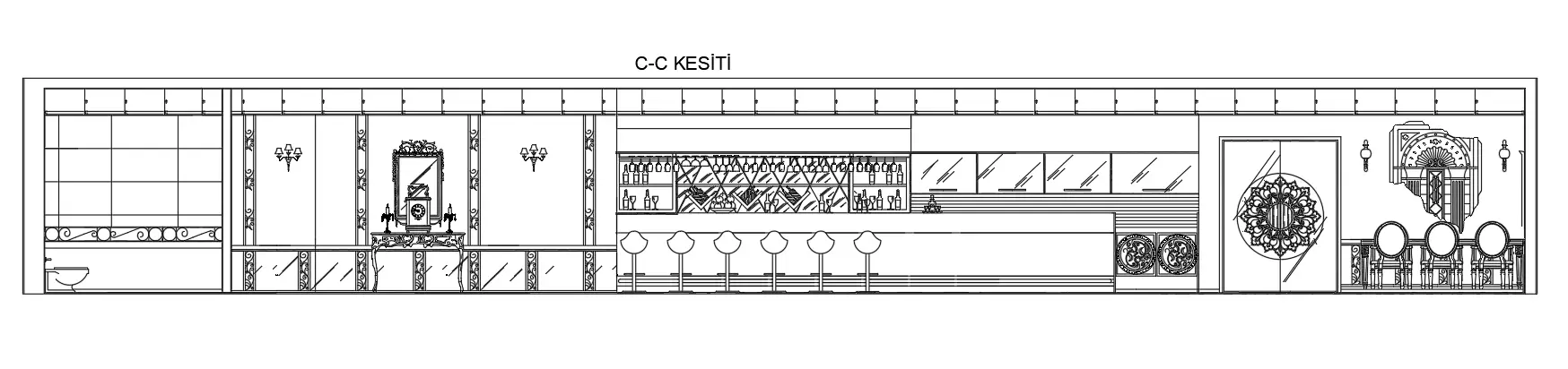 Bar ve Cafe Projesi (Plan + 3 Kesit Çizimi)